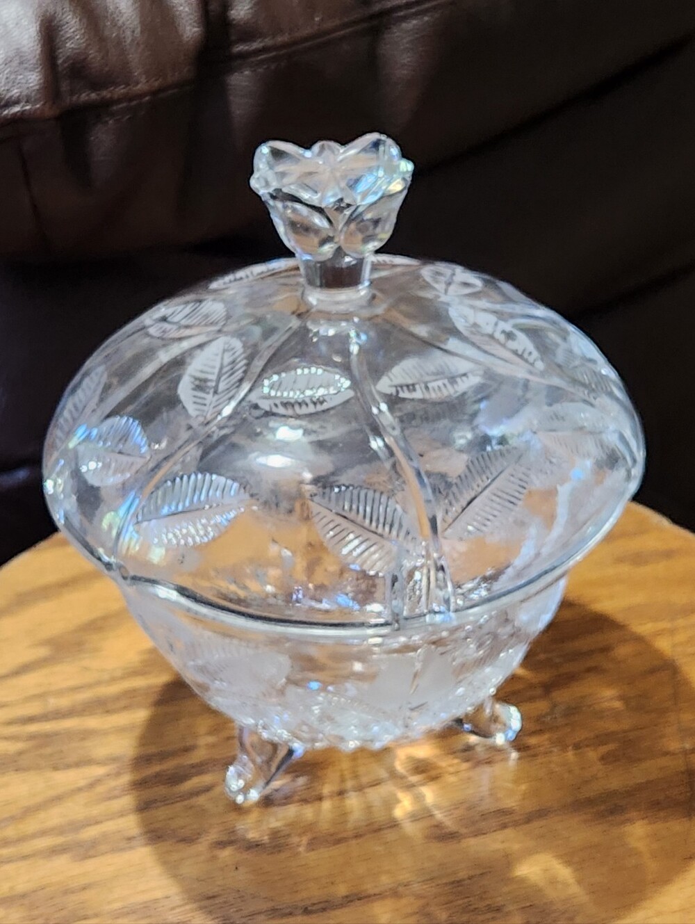 Source Unknown Clear Cut-Glass Covered Dish with Leaf Motif